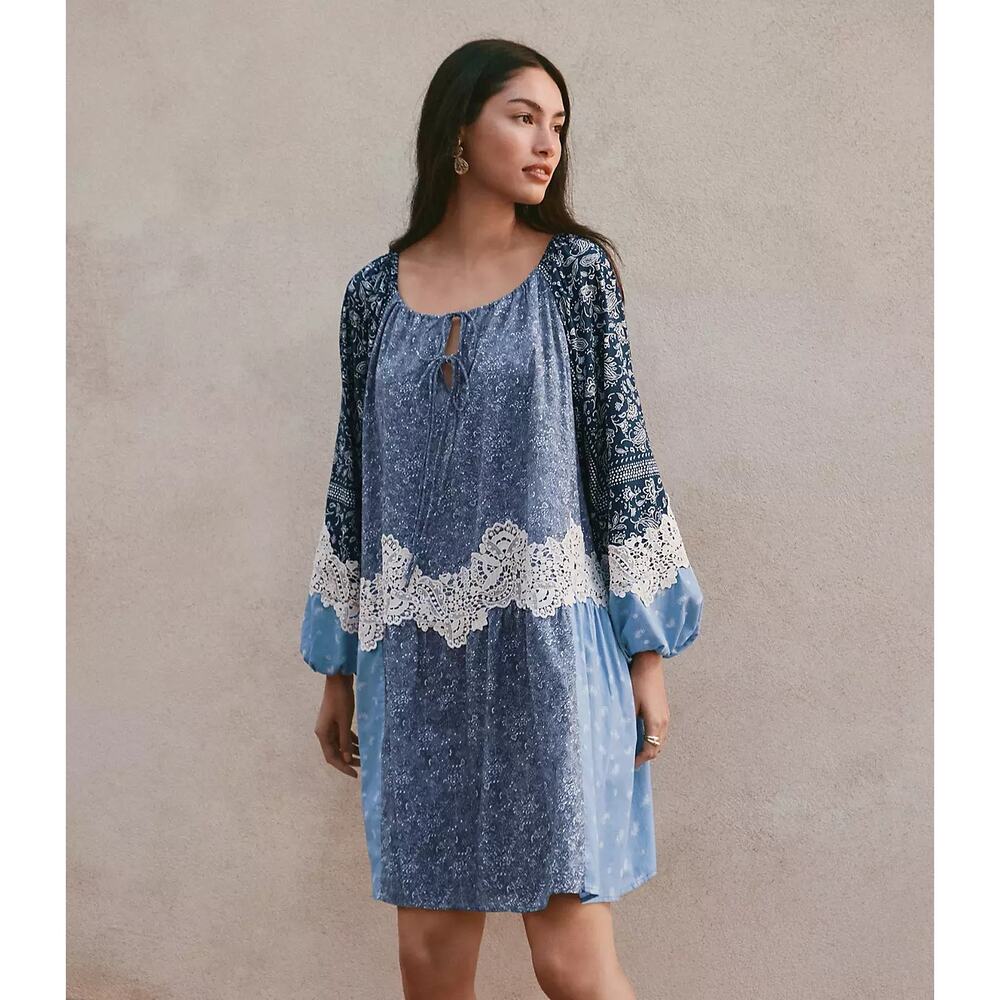 Loft Lace Paisley Tie Mini Pocket Dress blue bandana sz large tall new $99.95
